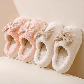 Plush Cute Bow Slippers for Women – Furry Comfy Indoor Outdoor Non-Slip House Slippers, Winter Slippers Christmas Gift Xmas Gift