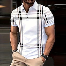 Plaid Men's Business Print 3D Golf Polo Outdoor Daily Wear Streetwear Polyester Short Sleeve Turndown Polo Shirts White Blue Autumn / Fall