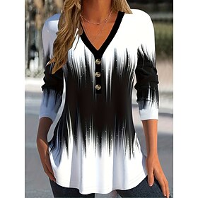 Women's Shirt Blouse Color Gradient White Red Blue Print Button Long Sleeve Casual Fashion V Neck Regular Fit Fall Winter