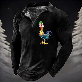 Turkey Men's Casual Print 3D Zip Polo Outdoor Casual Daily Streetwear Christmas Polyester Long Sleeve Turndown Zip Polo Shirts Black Brown