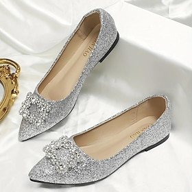 Women's Silver Glitter Flats with Rhinestone Embellished Buckle  Elegant Pointed Toe Shoes for Wedding, Parties and Special Occasions