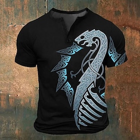 Halloween Heren Graphic Viking T-Shirt Henley Shirt Korte Mouwen 3D Print Mode Klassiek Retro Vintage Sport Buiten Vakantie Uitgaan Lente Zomer Blauw Rood Paa