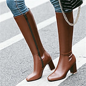 Women's Boots Plus Size Heel Boots Party Outdoor New Year Knee High Boots Buckle Chunky Heel Round Toe Vintage Casual Minimalism Faux Leather Zipper Black Brow
