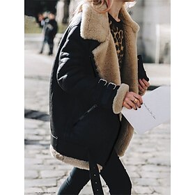 Women's Suede Sherpa Jacket Fall Fleece Shearling Jacket Winter Zipper Lapel Coat Windproof Warm Moto Biker Jacket Street Wear Button Modern Casual Outerwear L