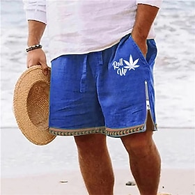 Men's Shorts Summer Shorts Beach Shorts Print Zipper Drawstring Leaf Comfort Breathable Short Daily Holiday Going out Cotton Blend Hawaiian Casual Army Green R