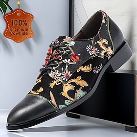 Men's Dress Shoes Black Floral Embroidery Leather Italian Full-Grain Cowhide Slip Resistant Lace-up