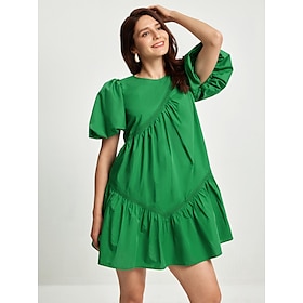 dames katoenen knielange jurk groen casual pofmouwen ronde hals zomer