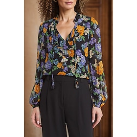 Mujer Camisa Blusa Floral San Valentín Trabajo Casual Manga Con Volantes Negro Estampado Volante Con Corbata Manga Larga Elegante Moda Dama