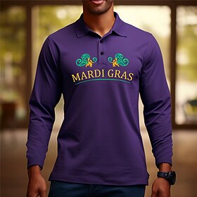 Carnival Letter Men's Casual Print 3D Outdoor Casual Daily Streetwear Mardi Gras Polyester Long Sleeve Turndown Polo Shirts Purple Green Fa