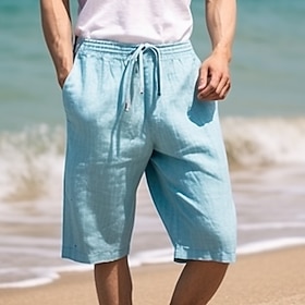 Men's Shorts Linen Shorts Summer Shorts Drawstring Elastic Waist Straight Leg Plain Comfort Breathable Short Casual Daily Holiday Linen Cotton Blend Fashion Cl