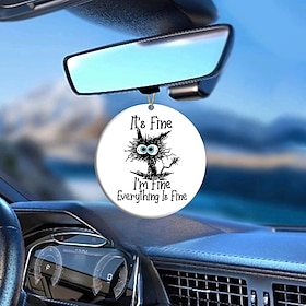Cat Car Hanging Ornament 2D Acrylic Round Cat Letter Ornament It's Fine I'm Fine Everything Is Fine