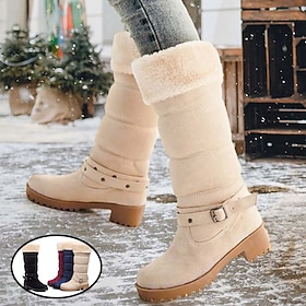 Women's Boots Snow Boots Waterproof Boots Plus Size Outdoor Work Daily Fleece Lined Knee High Boots Platform Chunky Heel Elegant Vintage Fashion Suede Black Wh