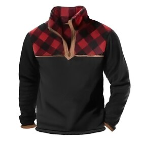 Men's Sweatshirt Polar Fleece Quarter Zip Sweatshirt Black Half Zip Plaid Patchwork Color Block Sports  Outdoor Daily Holiday Streetwear Casual Thin fleece Fal