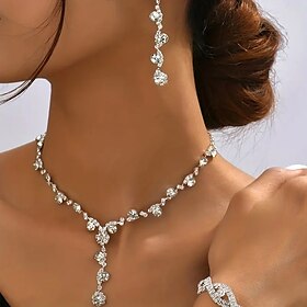 Jewelry Set 4pcs Copper Rhinestone 1 Necklace Earrings Bracelets Women's Elegant Fashion Dainty Geometrical Geometric Jewelry Set For Wedding Party Daily