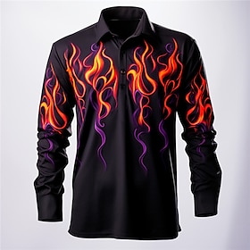 Flame Men's Abstract Print 3D Golf Polo Outdoor Casual Daily Streetwear Polyester Long Sleeve Turndown Polo Shirts Yellow Red Fall  Winter