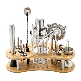 19Pcs Bartender Set Shaker Cocktail Bartending Mixer Wine Tools Removable Bamboo Rack Stainless Steel Drink Party Bar Sets