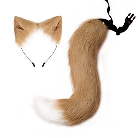 Cat Ears and Wolf Fox Animal Tail Cosplay Costume Faux Fur Hair Clip Headdress Halloween Leather Headband Tail Set