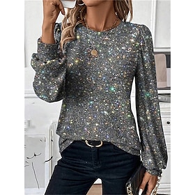 Damen Hemd Bluse Funkelnd Casual Laternenärmel Silber Blau Purpur Langarm Modisch Rundhalsausschnitt Regular Fit Frühling  Herbst