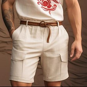 Men's Shorts Linen Shorts Summer Shorts Zipper Button Multi Pocket Plain Comfort Breathable Outdoor Daily Going out Linen Cotton Blend Fashion Casual White Nav