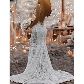 Boho Wedding Dresses Mermaid / Trumpet V Neck Sleeveless Court Train Lace Bridal Gowns 