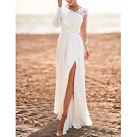 Beach Mature Wedding Dresses A-Line Scoop Neck Long Sleeve Sweep / Brush Train Chiffon Bridal Gowns With Pleats Split Front 2024