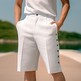 Men's Shorts Linen Shorts Summer Shorts Pocket Side Button Straight Leg Plain Comfort Breathable Short Casual Daily Holiday Linen Cotton Blend Fashion Designer