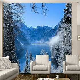 Landscape Wallpaper Mural Art Deco White Snow Winter Tree Wall Covering Sticker Peel and Stick Removable PVC/Vinyl Material Self Adhesive/Adhesive Required Wal