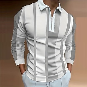 Striped Men's Business Print 3D Zip Polo Golf Polo Outdoor Casual Daily Streetwear Polyester Long Sleeve Turndown Zip Polo Shirts White Yel