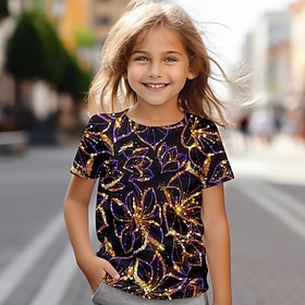 Carnival Girls' 3D Floral Tee Shirt Pink Short Sleeve 3D Print Summer Active Fashion Cute Polyester Kids 4-12 Years Crew Neck Outdoor Casual Daily Regular Fit