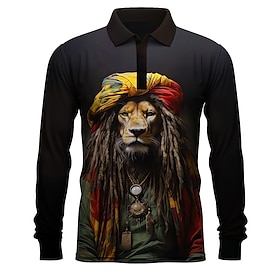 Lion Men's Casual Print 3D Outdoor Casual Daily Streetwear Polyester Long Sleeve Turndown Polo Shirts Yellow Blue Fall  Winter S M L Micro-