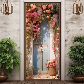 Valentine's Day Spring Floral Door Covers Mural Decor Door Tapestry Door Curtain Decoration Backdrop Door Banner Removable for Front Door Indoor Outdoor Home R