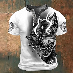 Men's Graphic Wolf T Shirt Henley Shirt Short Sleeve 3D Print Fashion Classic Retro Vintage Sports Outdoor Holiday Going out Spring  Summer White Red Brown Dar
