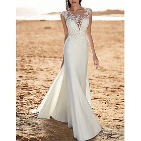 Beach Open Back Wedding Dresses Mermaid / Trumpet Illusion Neck Cap Sleeve Court Train Chiffon Bridal Gowns With Appliques 2024