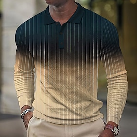 Striped Gradient Ramp Men's Business Print 3D Waffle Polo Shirt Golf Polo Outdoor Casual Daily Streetwear Polyester Long Sleeve Turndown Zi