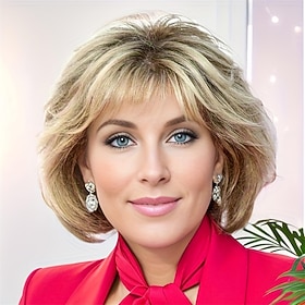 Short Blonde Wigs with Bangs for White Women Ombre Blonde Mixed Brown Wavy Bob Wig Synthetic Layered Natural Looking Short Hair Wigs for Old Lady Daily Party W