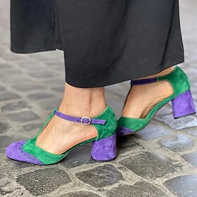 Women's Green and Purple T-Strap Suede Block Heels  Vintage Two-Tone Round Toe Shoes for Parties, Work, and Retro Outfits