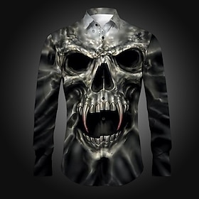 Halloween Mannen Skeletten Kostuums Shirt Knopen Shirt Lange Mouwen Gothic Dagelijks Draag Uitgaan Lente Zomer Omgeslagen Print Knop-Down Geel Paars Khaki Gri