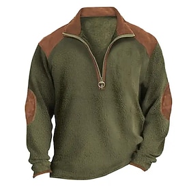 Men's Sweatshirt Polar Fleece Quarter Zip Sweatshirt Army Green Half Zip Plain Patchwork Color Block Sports  Outdoor Daily Holiday Vintage Streetwear Casual Fa