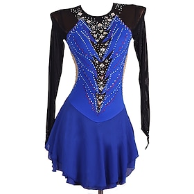 Figure Skating Dress Women's Girls' Ice Skating Dress Royal Blue Patchwork Open Back Mesh Spandex High Elasticity Training Competition Skating Wear Classic Lon