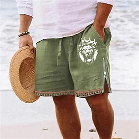 Men's Shorts Summer Shorts Beach Shorts Print Zipper Drawstring Lion Comfort Breathable Short Daily Holiday Going out Cotton Blend Hawaiian Casual Army Green R