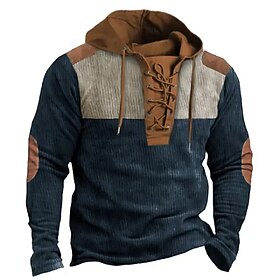 Men's Hoodie Navy Blue Hooded Plain Lace up Patchwork Color Block Sports Outdoor Daily Holiday Corduroy Vintage Streetwear Cool Spring Fall Clothing Apparel