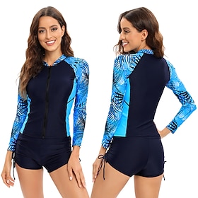 Women's Swimwear Tankini Rash Guard 2 Piece Normal Swimsuit Zipper Slim Splice Trees / Leaves Printing Blue Padded High Neck Bathing Suits Sports Vacation Spor