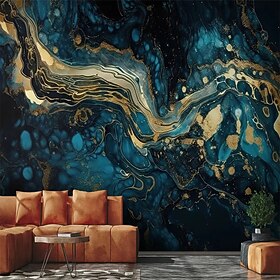 Abstract Marble Wallpaper Mural Blue Glod Marble Wall Covering Sticker Peel and Stick Removable PVC/Vinyl Material Self Adhesive/Adhesive Required Wall Decor f