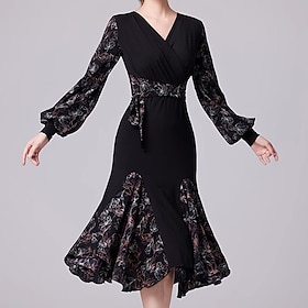 Latin Dance Ballroom Dance Dress Splicing Women's Performance Daily Wear Long Sleeve Crystal Cotton