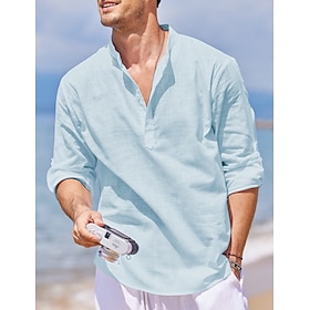 Men's Shirt Linen Shirt Popover Shirt Beach Shirt Black White Sky Blue Long Sleeve Plain Standing Collar Spring   Fall Casual Daily Clothin