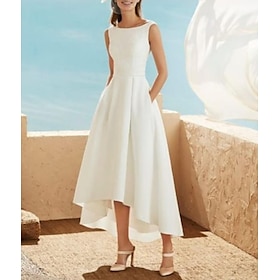 Bridal Shower Little White Dresses Wedding Dresses A-Line Scoop Neck Sleeveless Asymmetrical Satin Bridal Gowns With Pleats 2024