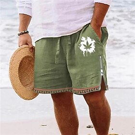 Men's Shorts Summer Shorts Beach Shorts Print Zipper Drawstring Leaf Comfort Breathable Short Daily Holiday Going out Cotton Blend Hawaiian Casual Army Green R