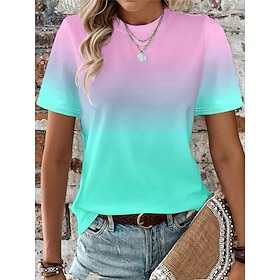 Women's T Shirt Print Ombre Color Gradient Fashion Short Sleeve Round Neck Regular Tops Daily Vacation Going out Blue Yellow Orange Light Blue Summer