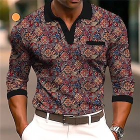 Floral Men's Casual Print 3D Cable Knit Polo Outdoor Casual Daily Streetwear Polyester Long Sleeve Turndown Polo Shirts Black White Spring