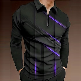 Geometry Linear Men's Casual Print 3D Zip Polo Golf Polo Outdoor Casual Daily Streetwear Polyester Long Sleeve Turndown Zip Polo Shirts Blu